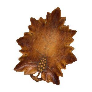 Vintage 1950s Molded Wood Grape Leaf Dish Decorative Wooden Leaf Tray 12" Rustic